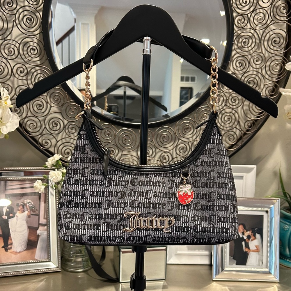 NWOT Juicy Couture Black Logo Print Shoulder Bag with Gold Chain Accents